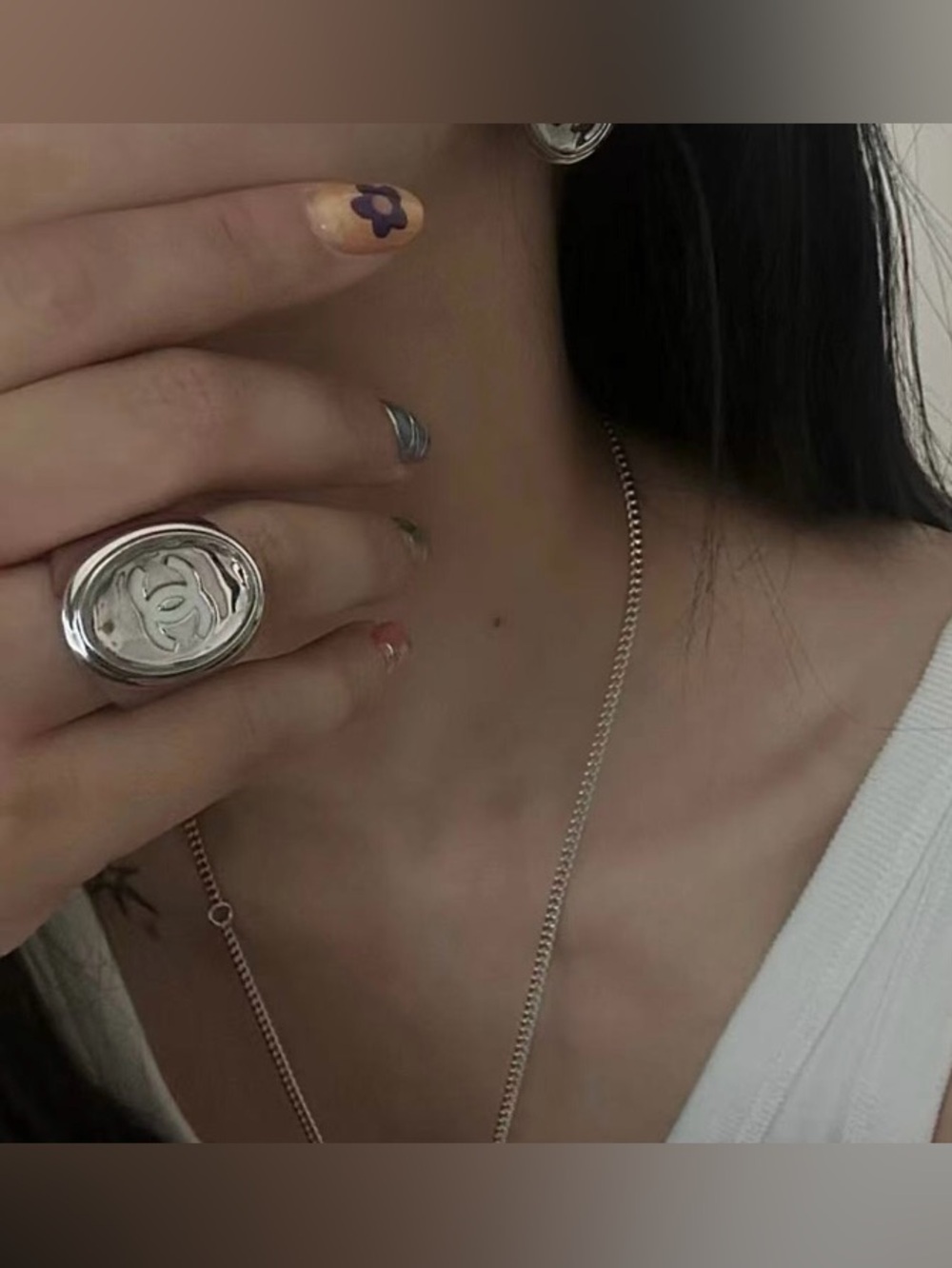 Double C Silver-Tone Mirrored LOGO Ring Women’s SIZE -8